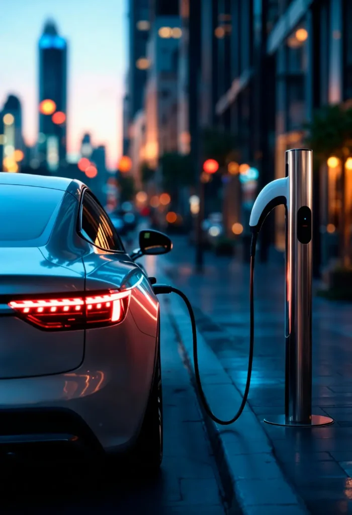 A white electric car stopping for a charge in the city.