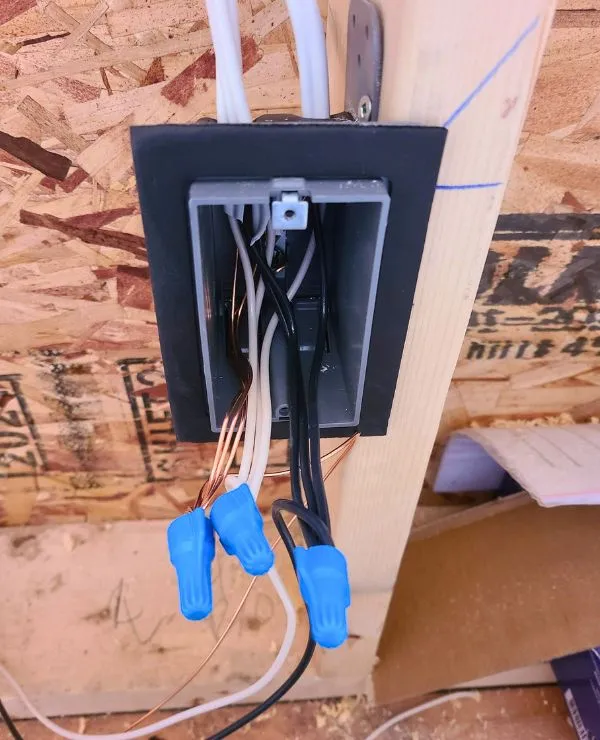 A electrical box with blue caps installed in a newly built home in Kamloops.