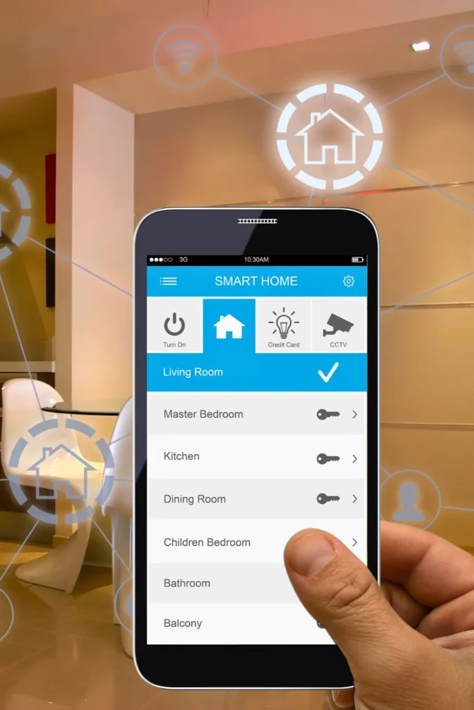 A smart phone controlling the lights in a living room.