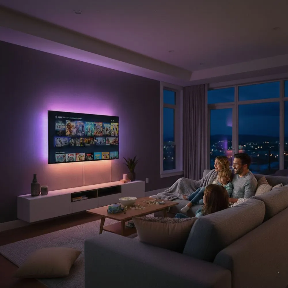 A family watching TV with smart lights in the background.